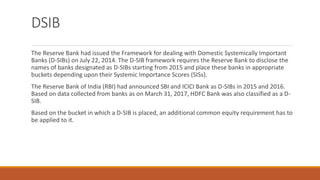 DSIB
The Reserve Bank had issued the Framework for dealing with Domestic Systemically Important
Banks (D-SIBs) on July 22, 2014. The D-SIB framework requires the Reserve Bank to disclose the
names of banks designated as D-SIBs starting from 2015 and place these banks in appropriate
buckets depending upon their Systemic Importance Scores (SISs).
The Reserve Bank of India (RBI) had announced SBI and ICICI Bank as D-SIBs in 2015 and 2016.
Based on data collected from banks as on March 31, 2017, HDFC Bank was also classified as a D-
SIB.
Based on the bucket in which a D-SIB is placed, an additional common equity requirement has to
be applied to it.
 