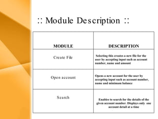 Aim The bank management system is an application for maintaining a person’s account in a bank .  The system provides the access to the customer to create an account, deposit/withdraw the cash from his account, also to view reports of all accounts present The following presentation provides the specification for the system. ::  Module Description  :: Enables to search for the details of the given account number. Displays only  one account detail at a time Search Opens a new account for the user by  accepting input such as account number, name and minimum balance Open account Selecting this creates a new file for the user by accepting input such as account number, name and amount  Create File DESCRIPTION MODULE 