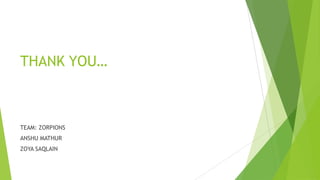 THANK YOU…



TEAM: ZORPIONS
ANSHU MATHUR
ZOYA SAQLAIN
 