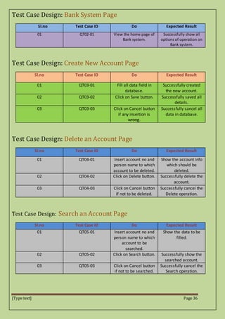 [Type text] Page 36
Test Case Design: Bank System Page
Sl.no Test Case ID Do Expected Result
01 QT02-01 View the home page of
Bank system.
Successfully show all
options of operation on
Bank system.
Test Case Design: Create New Account Page
Sl.no Test Case ID Do Expected Result
01 QT03-01 Fill all data field in
database.
Successfully created
the new account.
02 QT03-02 Click on Save button. Successfully saved all
details.
03 QT03-03 Click on Cancel button
if any insertion is
wrong.
Successfully cancel all
data in database.
Test Case Design: Delete an Account Page
Sl.no Test Case ID Do Expected Result
01 QT04-01 Insert account no and
person name to which
account to be deleted.
Show the account info
which should be
deleted.
02 QT04-02 Click on Delete button. Successfully delete the
account.
03 QT04-03 Click on Cancel button
if not to be deleted.
Successfully cancel the
Delete operation.
Test Case Design: Search an Account Page
Sl.no Test Case ID Do Expected Result
01 QT05-01 Insert account no and
person name to which
account to be
searched.
Show the data to be
filled.
02 QT05-02 Click on Search button. Successfully show the
searched account.
03 QT05-03 Click on Cancel button
if not to be searched.
Successfully cancel the
Search operation.
 