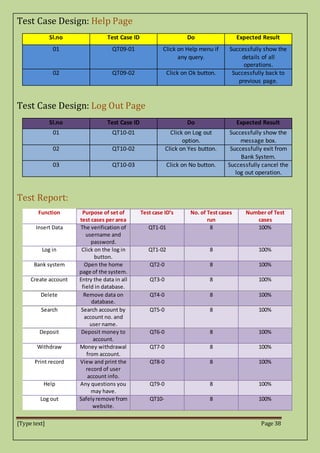 [Type text] Page 38
Test Case Design: Help Page
Sl.no Test Case ID Do Expected Result
01 QT09-01 Click on Help menu if
any query.
Successfully show the
details of all
operations.
02 QT09-02 Click on Ok button. Successfully back to
previous page.
Test Case Design: Log Out Page
Sl.no Test Case ID Do Expected Result
01 QT10-01 Click on Log out
option.
Successfully show the
message box.
02 QT10-02 Click on Yes button. Successfully exit from
Bank System.
03 QT10-03 Click on No button. Successfully cancel the
log out operation.
Test Report:
Function Purpose of set of
test cases per area
Test case ID’s No. of Test cases
run
Number of Test
cases
Insert Data The verification of
username and
password.
QT1-01 8 100%
Log in Click on the log in
button.
QT1-02 8 100%
Bank system Open the home
page of the system.
QT2-0 8 100%
Create account Entry the data in all
field in database.
QT3-0 8 100%
Delete Remove data on
database.
QT4-0 8 100%
Search Search account by
account no. and
user name.
QT5-0 8 100%
Deposit Deposit money to
account.
QT6-0 8 100%
Withdraw Money withdrawal
from account.
QT7-0 8 100%
Print record View and print the
record of user
account info.
QT8-0 8 100%
Help Any questions you
may have.
QT9-0 8 100%
Log out Safelyremove from
website.
QT10- 8 100%
 