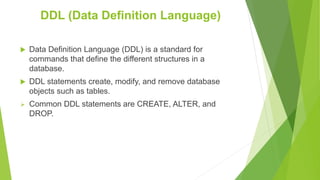 DDL (Data Definition Language)
 Data Definition Language (DDL) is a standard for
commands that define the different structures in a
database.
 DDL statements create, modify, and remove database
objects such as tables.
 Common DDL statements are CREATE, ALTER, and
DROP.
 