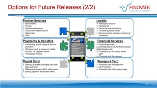 Options for Future Releases (2/2)
21
Partner Services
Payments & transfers
 Services list
 Pricing
 Service applications
 Discounts and promotions
 Cash-back
 Gifts
Digital Card
Loyalty
 Participant account
 Partners list
 Discounts and promotions
 Connecting loyalty cards
 Communication between brands and
customers
Financial Services
Transport Card
 Connecting a wide range of service
providers
 Choosing card, e-money or mobile
account s a payment option.
 Transaction history
 Opening e-wallet and digital card with
App download
 Offline payments for NFC cell phones
 Setting payment transaction limits
 Transport card management
 Card ordering
 Transport card refill, paying fares
 Financial services:
Loans/Deposits/Accounts/Personalized
digital /plastic card
 Connecting a card of any issuer
bank
 Choosing card for payment
 