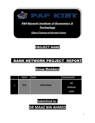 1
PROJECT NAME
BANK NETWORK PROJECT REPORT
Group Members
Stud. ID Names Course Name/CID
1 8718 ARIBA SIDDIQUI
I$IA
(SPRING 20)
103762
Submitted to :
DR MAAZ BIN AHMED
PAF-Karachi Institute of Economics &
Technology
College of Computing and Information Sciences
 