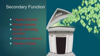 Secondary Function
 1.Agency function
 Periodic payment
 Buying and selling
securities
 Collection of cheques
 Transfer of funds
 
