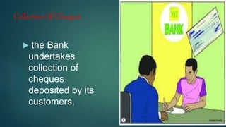 Collection Of Cheques
 the Bank
undertakes
collection of
cheques
deposited by its
customers,
 