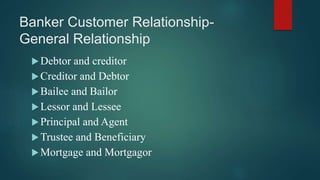 Banker Customer Relationship-
General Relationship
Debtor and creditor
Creditor and Debtor
Bailee and Bailor
Lessor and Lessee
Principal and Agent
Trustee and Beneficiary
Mortgage and Mortgagor
 