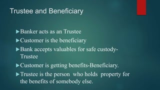 Trustee and Beneficiary
Banker acts as an Trustee
Customer is the beneficiary
Bank accepts valuables for safe custody-
Trustee
Customer is getting benefits-Beneficiary.
Trustee is the person who holds property for
the benefits of somebody else.
 