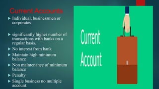 Current Accounts
 Individual, businessmen or
corporates
 significantly higher number of
transactions with banks on a
regular basis.
 No interest from bank
 Maintain high minimum
balance
 Non maintenance of minimum
balance
 Penalty
 Single business no multiple
account.
 