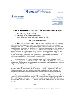 Bank of Hawaii Corporation First Quarter 2009 Financial Results
        • Diluted Earnings Per Share $0.75
        • Net Income for the Quarter $36.0 Million
        • Board of Directors Declares Dividend of $0.45 Per Share

                                 FOR IMMEDIATE RELEASE

          HONOLULU, HI (April 20, 2009) -- Bank of Hawaii Corporation (NYSE: BOH) today
reported diluted earnings per share of $0.75 for the first quarter of 2009 down from diluted
earnings per share of $1.18 in the same quarter last year. Net income for the first quarter of 2009
was $36.0 million compared to net income of $57.2 million in the first quarter of 2008. Results for
the first quarter of 2009 included a pre-tax gain of $10.0 million related to the Company’s sale of
its equity interest in the leveraged leases of two watercraft. Results for the first quarter of 2008
included pre-tax gains of $25.3 million related to the redemption of Visa shares and the early buy-
out of an aircraft lease. First quarter 2009 results include a provision for credit losses of $24.9
million as compared to $14.4 million in the first quarter of 2008.

        Deposits increased $921 million in the first quarter to $9.2 billion at March 31, 2009.
Shareholders’ equity increased $43 million to $834 million at March 31, 2009. The allowance for
loan and lease losses increased $11 million during the first quarter of 2009 and currently represents
2.12 percent of outstanding loans and leases.

        quot;We accomplished our near-term objectives of continuing to increase liquidity, reserves
and capital during the first quarter of 2009,quot; said Allan R. Landon, Chairman and CEO. “Our
profitability remained solid even as business activity in Hawaii slowed. Bank of Hawaii has a
strong balance sheet and is well prepared for future economic developments and opportunities.quot;

         The return on average assets for the first quarter of 2009 was 1.32 percent, compared to
2.16 percent during the same quarter last year. The return on average equity for the first quarter of
2009 was 17.86 percent compared to 29.88 percent for the first quarter of 2008. The efficiency
ratio for the first quarter of 2009 was 52.52 percent compared to 49.62 percent in the same quarter
last year.

                                         - more -
 