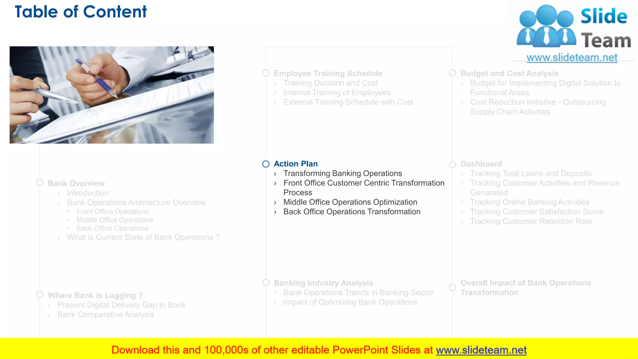 Table of Content
15
Bank Overview
› Introduction
› Bank Operations Architecture Overview
• Front Office Operations
• Middle Office Operations
• Back Office Operations
› What is Current State of Bank Operations ?
Where Bank is Lagging ?
› Present Digital Delivery Gap in Bank
› Bank Comparative Analysis
Action Plan
› Transforming Banking Operations
› Front Office Customer Centric Transformation
Process
› Middle Office Operations Optimization
› Back Office Operations Transformation
Budget and Cost Analysis
› Budget for Implementing Digital Solution to
Functional Areas
› Cost Reduction Initiative - Outsourcing
Supply Chain Activities
Dashboard
› Tracking Total Loans and Deposits
› Tracking Customer Activities and Revenue
Generated
› Tracking Online Banking Activities
› Tracking Customer Satisfaction Score
› Tracking Customer Retention Rate
Overall Impact of Bank Operations
Transformation
This slide is 100% editable. Adapt it to your needs and capture your audience's attention.
Employee Training Schedule
› Training Duration and Cost
› Internal Training of Employees
› External Training Schedule with Cost
Banking Industry Analysis
› Bank Operations Trends in Banking Sector
› Impact of Optimizing Bank Operations
 