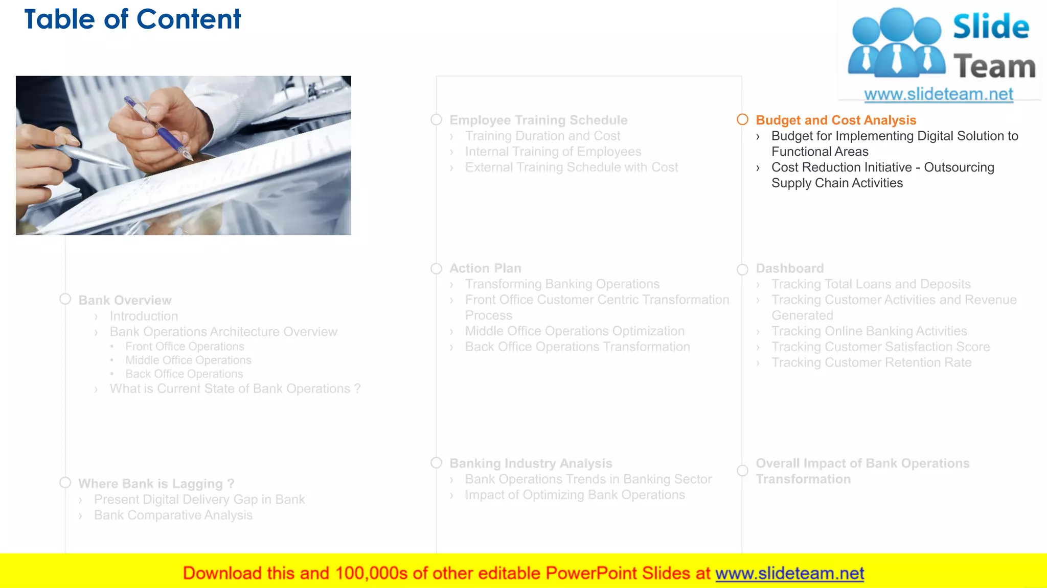 Table of Content
25
Bank Overview
› Introduction
› Bank Operations Architecture Overview
• Front Office Operations
• Middle Office Operations
• Back Office Operations
› What is Current State of Bank Operations ?
Where Bank is Lagging ?
› Present Digital Delivery Gap in Bank
› Bank Comparative Analysis
Action Plan
› Transforming Banking Operations
› Front Office Customer Centric Transformation
Process
› Middle Office Operations Optimization
› Back Office Operations Transformation
Budget and Cost Analysis
› Budget for Implementing Digital Solution to
Functional Areas
› Cost Reduction Initiative - Outsourcing
Supply Chain Activities
Dashboard
› Tracking Total Loans and Deposits
› Tracking Customer Activities and Revenue
Generated
› Tracking Online Banking Activities
› Tracking Customer Satisfaction Score
› Tracking Customer Retention Rate
Overall Impact of Bank Operations
Transformation
This slide is 100% editable. Adapt it to your needs and capture your audience's attention.
Employee Training Schedule
› Training Duration and Cost
› Internal Training of Employees
› External Training Schedule with Cost
Banking Industry Analysis
› Bank Operations Trends in Banking Sector
› Impact of Optimizing Bank Operations
 