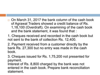  On March 31, 2017 the bank column of the cash book
of Agrawal Traders showed a credit balance of Rs.
1,18,100 (Overdraft). On examining of the cash book
and the bank statement, it was found that :
1. Cheques received and recorded in the cash book but
not sent to the bank of collection Rs. 12,400.
2. Payment received from a customer directly by the
bank Rs. 27,300 but no entry was made in the cash
book.
3. Cheques issued for Rs. 1,75,200 not presented for
payment.
Interest of Rs. 8,800 charged by the bank was not
entered in the cash book. Prepare bank reconciliation
statement.
 