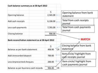 Cash Balance Summary Example Bank reconciliation v4 | PPTX