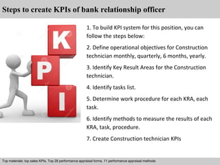 Steps to create KPIs of bank relationship officer 
1. To build KPI system for this position, you can 
follow the steps below: 
2. Define operational objectives for Construction 
technician monthly, quarterly, 6 months, yearly. 
3. Identify Key Result Areas for the Construction 
technician. 
4. Identify tasks list. 
5. Determine work procedure for each KRA, each 
task. 
6. Identify methods to measure the results of each 
KRA, task, procedure. 
7. Create Construction technician KPIs 
Top materials: top sales KPIs, Top 28 performance appraisal forms, 11 performance appraisal methods 
Interview questions and answers – free download/ pdf and ppt file 
 