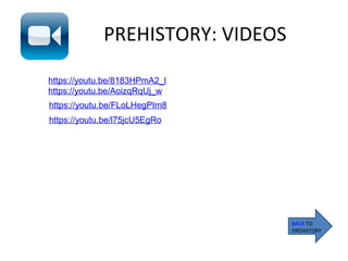 PREHISTORY: VIDEOS
BACK TO
PREHISTORY
https://youtu.be/8183HPmA2_I
https://youtu.be/AoizqRqUj_w
https://youtu.be/FLoLHegPIm8
https://youtu.be/l75jcU5EgRo
 