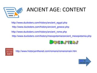 ANCIENT AGE: CONTENT
BACK TO
ANCIENT AGE
http://www.ducksters.com/history/ancient_egypt.php
http://www.ducksters.com/history/ancient_greece.php
http://www.ducksters.com/history/mesopotamia/ancient_mesopotamia.php
http://www.ducksters.com/history/ancient_rome.php
http://www.historyonthenet.com/romans/romansmain.htm
 