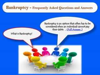 Bankruptcy - Frequently Asked Questions and Answers


                        Bankruptcy is an option that often has to be
                         considered when an individual cannot pay
                               their debts .. (Full Answer..)
  What is Bankruptcy?
 