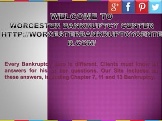 Every Bankruptcy case is different. Clients must know all
answers for his or her questions. Our Site includes all
these answers, including Chapter 7, 11 and 13 Bankruptcy.
 