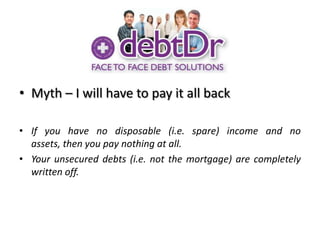 Myth – I will have to pay it all backIf you have no disposable (i.e. spare) income and no assets, then you pay nothing at all.  Your unsecured debts (i.e. not the mortgage) are completely written off.