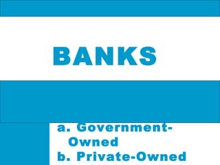 BANKS
a. GovernmentOwned
b. Private-Owned

 