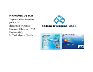 INDIAN OVERSEAS BANK
Tageline:‘ Good People to
grow with’.
Headquater’s:Chennai
Founded:10 February 1937
Founder:M Ct
M.Chidambaram Chettiar
M.Chidambaram Chettiar
 