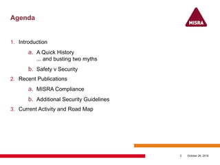Agenda
1. Introduction
a. A Quick History
... and busting two myths
b. Safety v Security
2. Recent Publications
a. MISRA C...