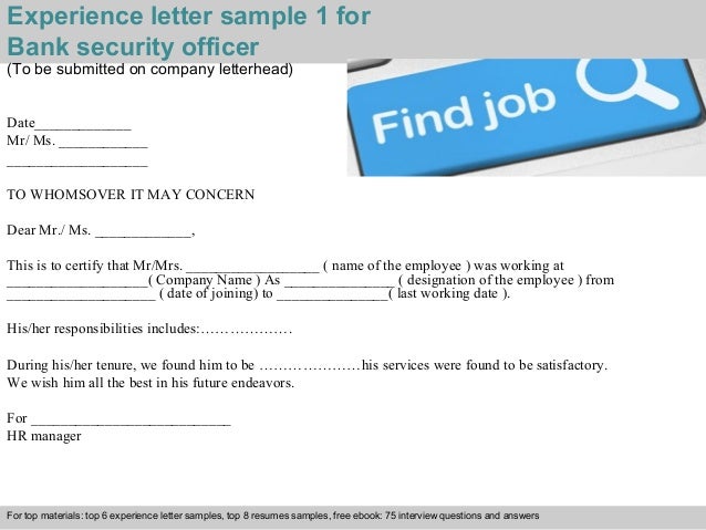 experience letter sample 1 for bank security officer