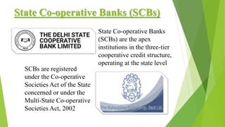 State Co-operative Banks (SCBs)
State Co-operative Banks
(SCBs) are the apex
institutions in the three-tier
cooperative credit structure,
operating at the state level
SCBs are registered
under the Co-operative
Societies Act of the State
concerned or under the
Multi-State Co-operative
Societies Act, 2002
 