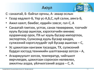 Аюул
С- санаатай, Б- байгал орчны, А- аваар ослын
• Газар хөдлөлт-Б, Үер ус-А,Б,С, хуй салхи, аянга-Б,
• Ажил хаялт, бөмбөг, ердийн зэвсэг, гал-С, А
• Санаатай гэмтээх, устгах, санах төхөөрөмж, тээгчийг
хууль бусаар ашиглах, хэрэглэгчийн өмнөөс
хуурамчаар орох, ПХ-ыг хууль бусаар импортлох,
экспортлох, Сүлжээнд хууль бусаар хандах,
сүлжээний хэрэгслүүдийг зүй бусаар ашиглах – С,
• Ус цахилгаан хангамж тасалдах, ТХ, сүлжээний
бүрдэл хэсгүүд техникийн шалтгаанаар зогсох – А,
• Агааржуулалт зогсох, температур, чийгшилт
өөрчлөгдөх, цахилгаан соронзон нөлөөлөл,
ажилтны алдаа, үйлчилгээний алдаа – С, А.
13
 