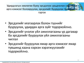 Удирдлагын зөвлөгөө буюу эрсдэлээс урьдчилан сэргийлэх
арга хэмжээг боловруулах, эрсдэлийг бууруулах төлөвлөгөө
гаргах
• Эрсдэлийг хязгаарлах болон түүнийг
бууруулах, удирдах арга зүйг тодорхойлно.
• Эрсдэлийг үнэлэх үйл ажиллагааны үр дагавар
ба эрсдэлийг бууруулах үйл ажиллагааны
чиглэл
• Эрсдэлийг бууруулах ямар арга хэмжээг ямар
түвшинд хаана хэрхэн хэрэгжүүлэхийг
тодорхойлно.
57
 