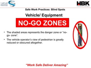 NO-GO ZONES
Vehicle/ Equipment
• The shaded areas represents the danger zone or “no-
go- zone”.
• The vehicle operator’s view of pedestrian is greatly
reduced or obscured altogether.
Safe Work Practices: Blind Spots
“Work Safe Deliver Amazing”
 