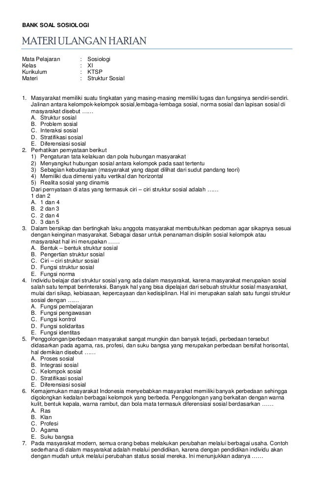 Soal Sosiologi Materi Struktur Sosial