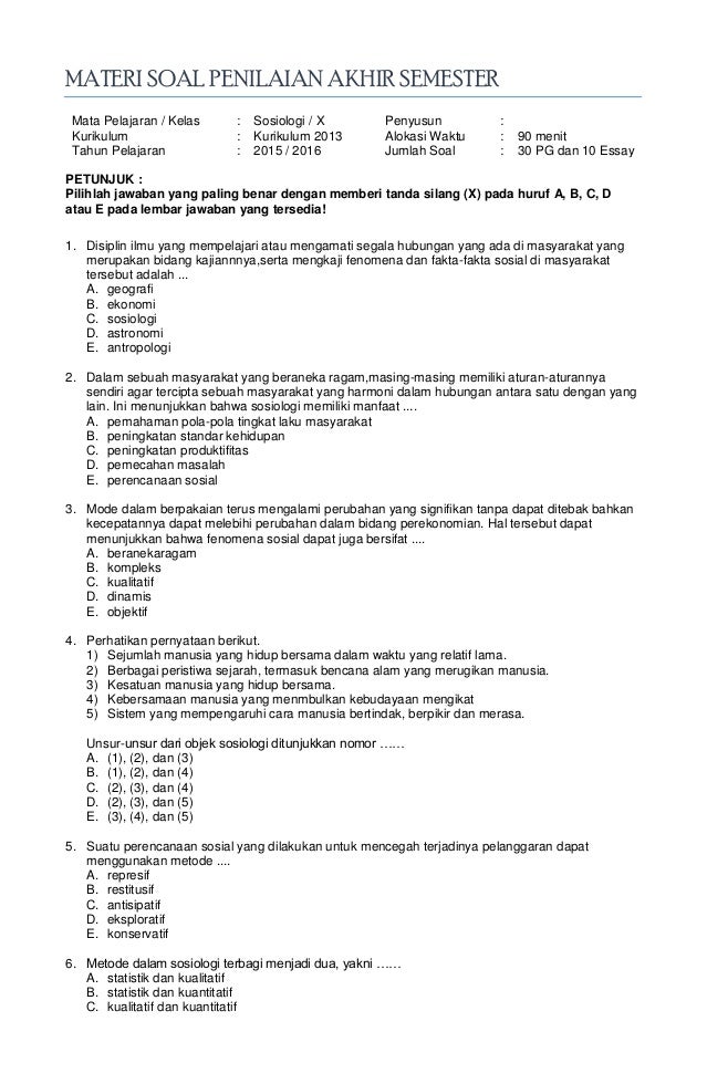 Latihan soal sosiologi kelas 10 semester 1