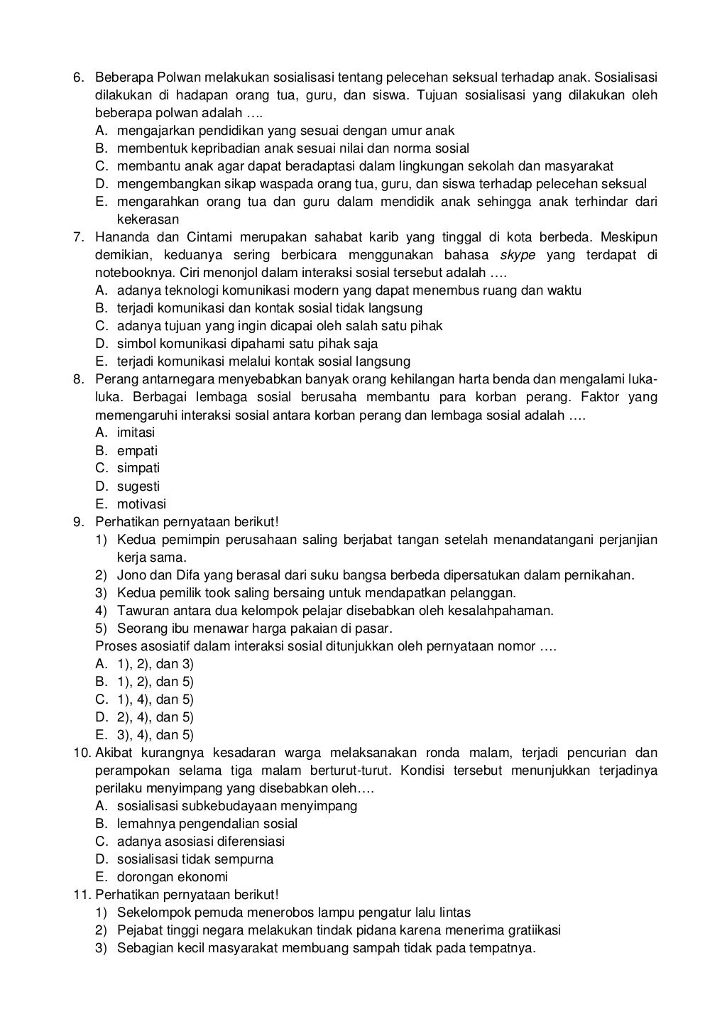 Soal Ujian Sekolah Sosiologi dan Kunci Jawaban (2015)