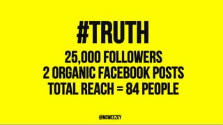 25,000 followers
2 organic facebook posts
Total reach = 84 people
#truth	
@msweezey
 
