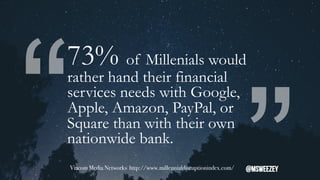 “
“
73% of Millenials would
rather hand their financial
services needs with Google,
Apple, Amazon, PayPal, or
Square than with their own
nationwide bank.
Viacom Media Networks http://www.millennialdisruptionindex.com/ @msweezey
 