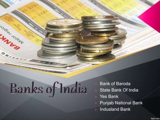  Bank of Baroda
 State Bank Of India
 Yes Bank
 Punjab National Bank
 Indusland Bank
 