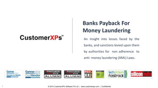 © 2014 CustomerXPs Software Pvt Ltd | www.customerxps.com | Confidential1
Banks Payback For
Money Laundering
An Insight into losses faced by the
banks, and sanctions levied upon them
by authorities for non adherence to
anti- money laundering (AML) Laws.
 