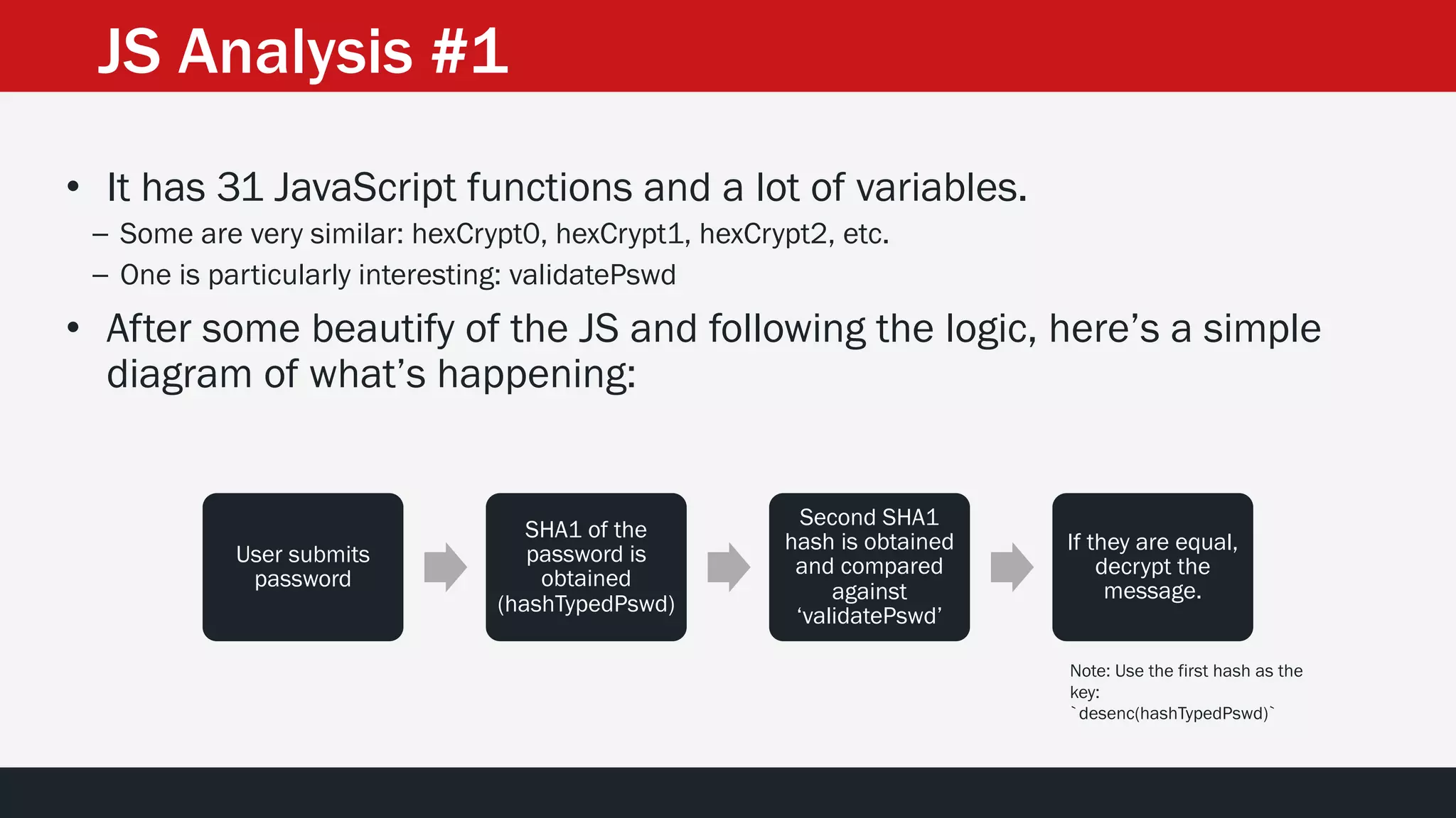 JS Analysis #1
• It has 31 JavaScript functions and a lot of variables.
– Some are very similar: hexCrypt0, hexCrypt1, hexCrypt2, etc.
– One is particularly interesting: validatePswd
• After some beautify of the JS and following the logic, here’s a simple
diagram of what’s happening:
User submits
password
SHA1 of the
password is
obtained
(hashTypedPswd)
Second SHA1
hash is obtained
and compared
against
‘validatePswd’
If they are equal,
decrypt the
message.
Note: Use the first hash as the
key:
`desenc(hashTypedPswd)`
 