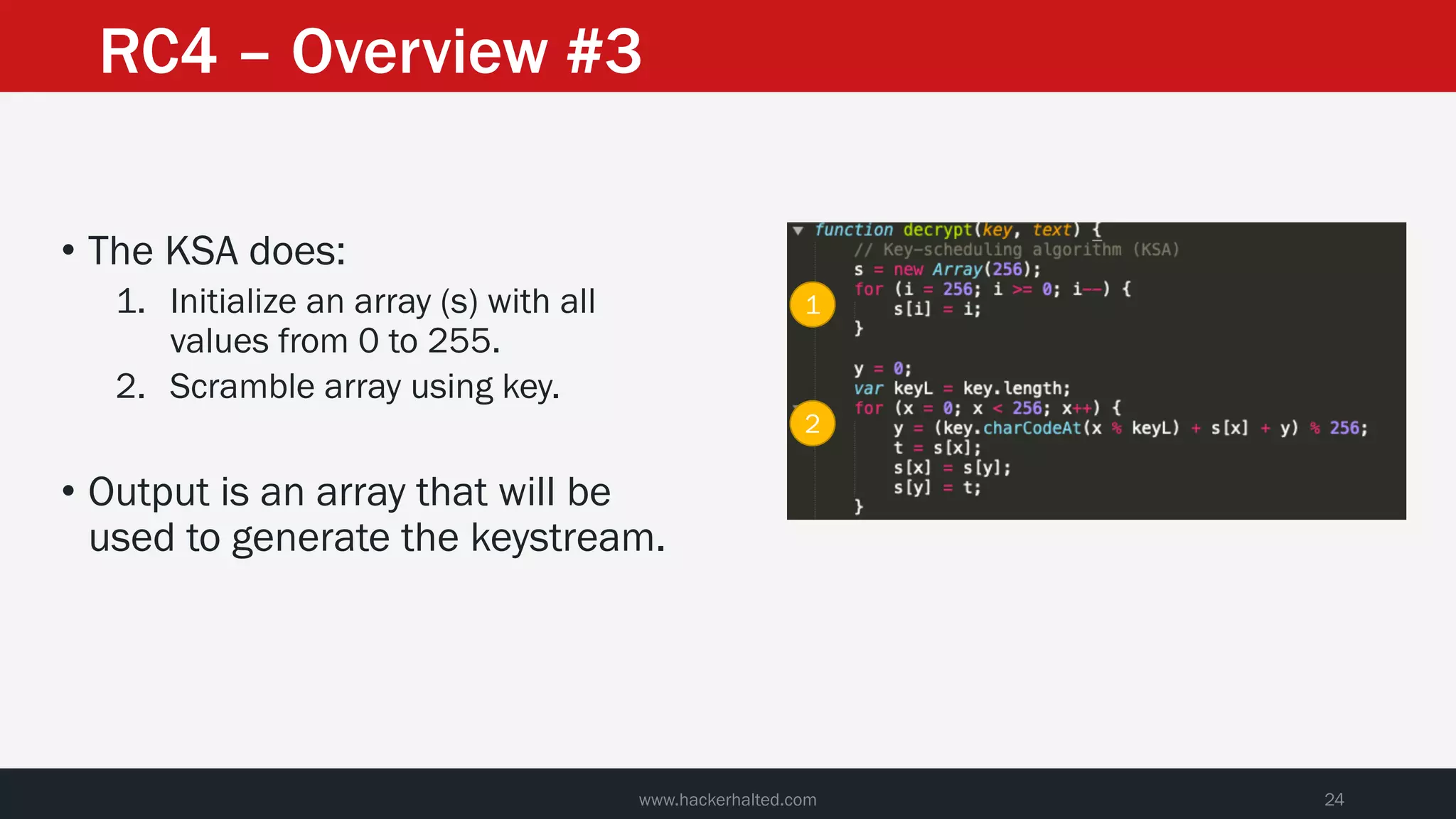 • The KSA does:
1. Initialize an array (s) with all
values from 0 to 255.
2. Scramble array using key.
• Output is an array that will be
used to generate the keystream.
www.hackerhalted.com 24
RC4 – Overview #3
1
2
 