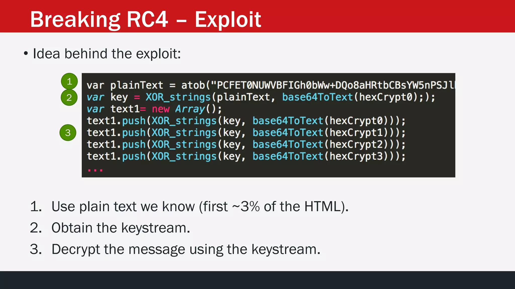 • Idea behind the exploit:
1
2
3
Breaking RC4 – Exploit
1. Use plain text we know (first ~3% of the HTML).
2. Obtain the keystream.
3. Decrypt the message using the keystream.
 