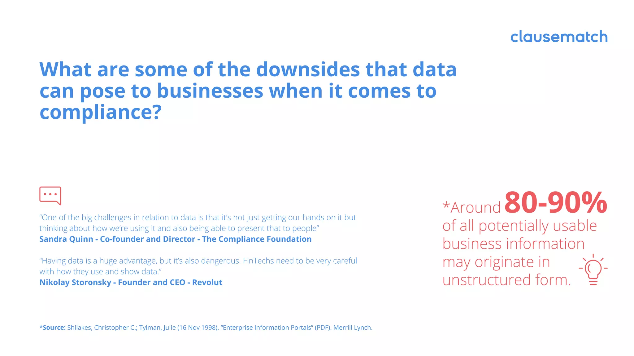 *Source: Shilakes, Christopher C.; Tylman, Julie (16 Nov 1998). “Enterprise Information Portals” (PDF). Merrill Lynch.
*Around 80-90%
of all potentially usable
business information
may originate in
unstructured form.
What are some of the downsides that data
can pose to businesses when it comes to
compliance?
“One of the big challenges in relation to data is that it’s not just getting our hands on it but
thinking about how we’re using it and also being able to present that to people”
Sandra Quinn - Co-founder and Director - The Compliance Foundation
“Having data is a huge advantage, but it’s also dangerous. FinTechs need to be very careful
with how they use and show data.”
Nikolay Storonsky - Founder and CEO - Revolut
 