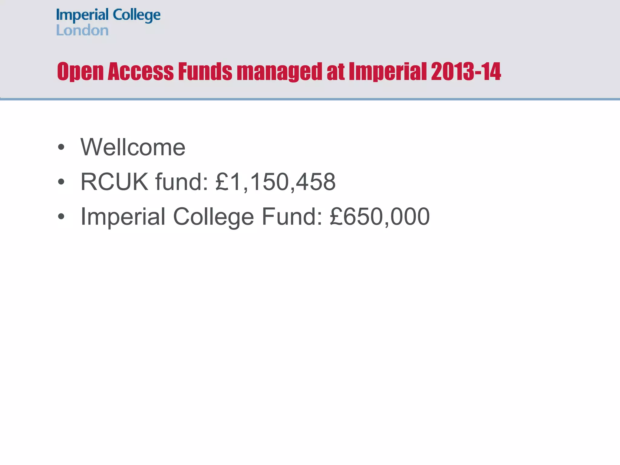 Open Access Funds managed at Imperial 2013-14
• Wellcome
• RCUK fund: £1,150,458
• Imperial College Fund: £650,000
 