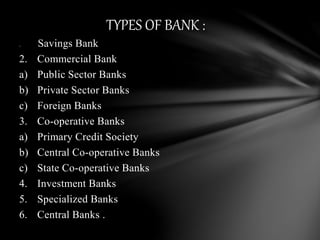 TYPES OF BANK :
1. Savings Bank
2. Commercial Bank
a) Public Sector Banks
b) Private Sector Banks
c) Foreign Banks
3. Co-operative Banks
a) Primary Credit Society
b) Central Co-operative Banks
c) State Co-operative Banks
4. Investment Banks
5. Specialized Banks
6. Central Banks .
 