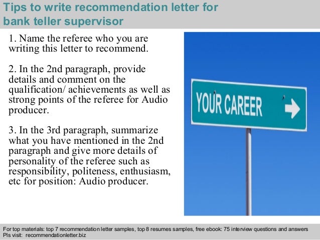 Bank Teller Supervisor Recommendation Letter