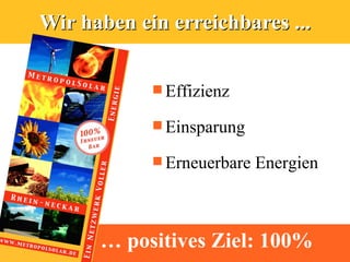 Wir haben ein erreichbares ...


             Effizienz

             Einsparung

             Erneuerbare   Energien



      … positives Ziel: 100%
 