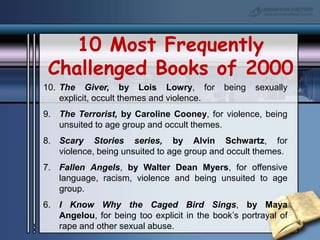 10 Most Frequently Challenged Books of 200010.	The Giver, by Lois Lowry, for being sexually explicit, occult themes and violence. 9.  	The Terrorist, by Caroline Cooney, for violence, being unsuited to age group and occult themes. 8.	Scary Stories series, by Alvin Schwartz, for violence, being unsuited to age group and occult themes. 7.	Fallen Angels, by Walter Dean Myers, for offensive language, racism, violence and being unsuited to age group. 6.	I Know Why the Caged Bird Sings, by Maya Angelou, for being too explicit in the book’s portrayal of rape and other sexual abuse. 