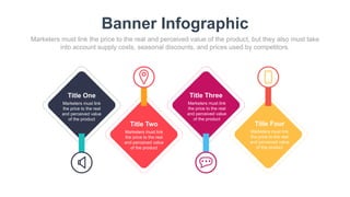 Banner Infographic
Marketers must link the price to the real and perceived value of the product, but they also must take
into account supply costs, seasonal discounts, and prices used by competitors.
Title One
Marketers must link
the price to the real
and perceived value
of the product
Title Two
Marketers must link
the price to the real
and perceived value
of the product
Title Three
Marketers must link
the price to the real
and perceived value
of the product
Title Four
Marketers must link
the price to the real
and perceived value
of the product
 