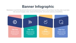 Title One
Marketers must link
the price to the real
and perceived value
of the product
Title Two
Marketers must link
the price to the real
and perceived value
of the product
Title
Three
Marketers must link
the price to the real
and perceived value
of the product
Title Four
Marketers must link
the price to the real
and perceived value
of the product
Banner Infographic
Marketers must link the price to the real and perceived value of the product, but they also must take
into account supply costs, seasonal discounts, and prices used by competitors.
 